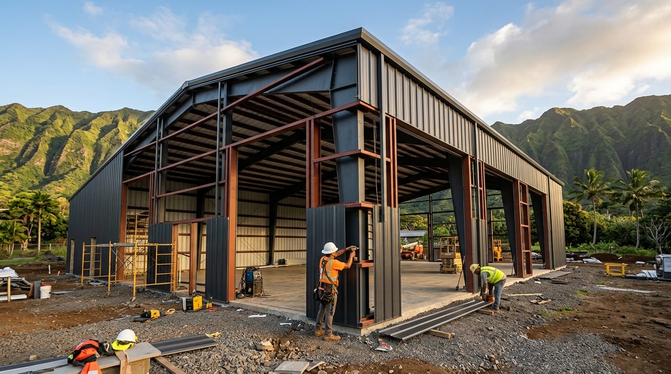 Pre-engineered steel metal building under construction on Oahu, Hawaii