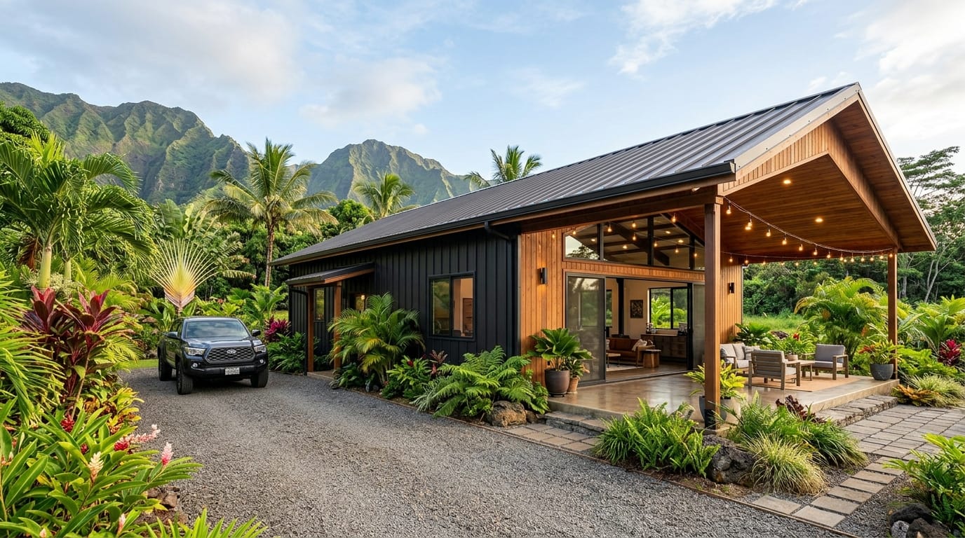 Finished barndominium home in Hawaii with dark metal roof and covered lanai